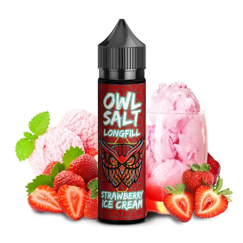 OWL Strawberry Ice Cream Longfill 60ml – rote Flasche mit Eule, Erdbeeren und Erdbeereis im Hintergrund