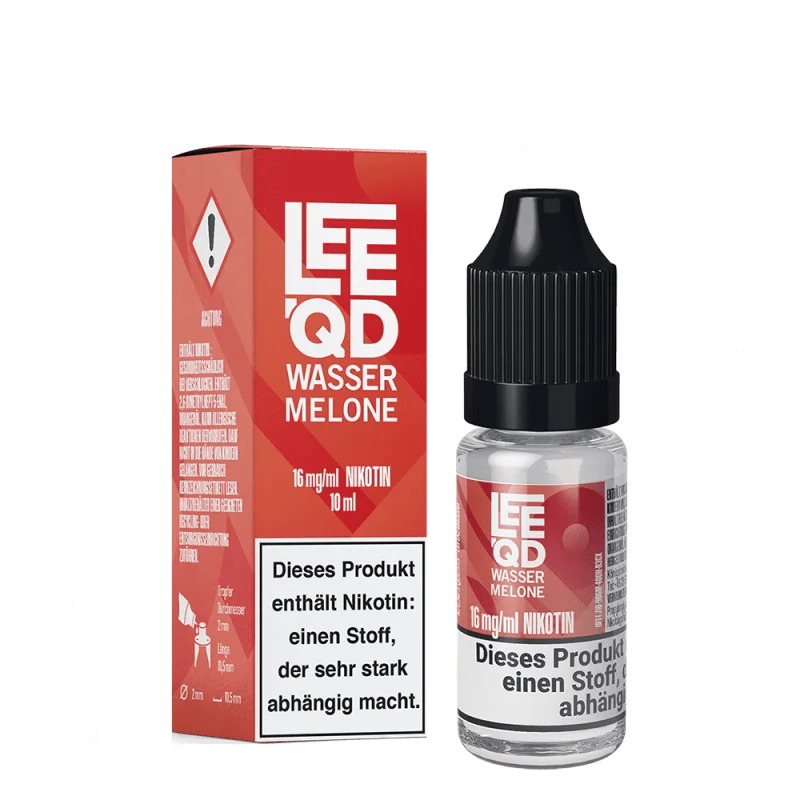 LEEQD Fruit Wassermelone 10ml Liquid – rote Flasche neben rotem Karton, seitliche Ansicht