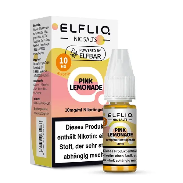 source395215.jpg Elfbar Elfliq Pink Lemonade 10ml Nikotinsalz-Liquid Flasche mit Produktinformation, Frontansicht