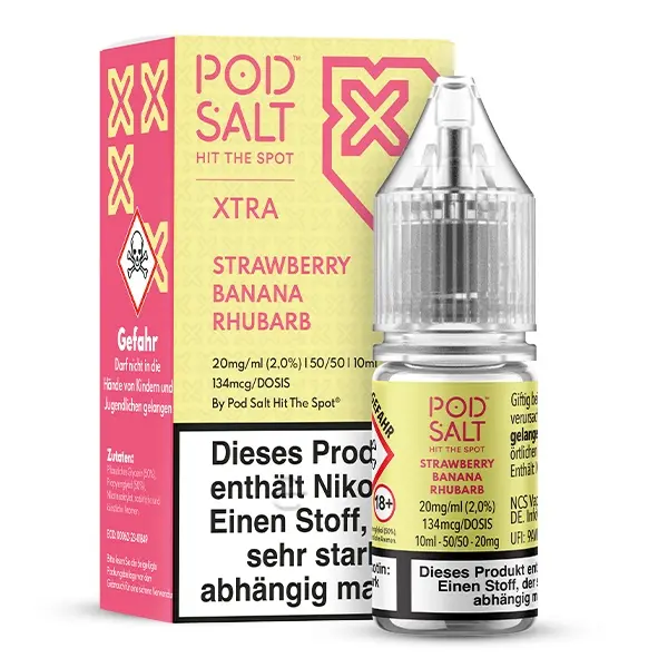 source995331.jpg PodSalt Xtra Strawberry Banana Rhubarb 10ml Nikotinsalz-Liquid – Flasche mit Umkarton, Frontansicht