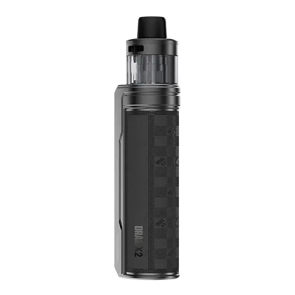 VooPoo Drag X2 Pod Kit E-Zigarette in Schwarz mit Rautenmuster und transparentem Pod-Tank, Frontansicht