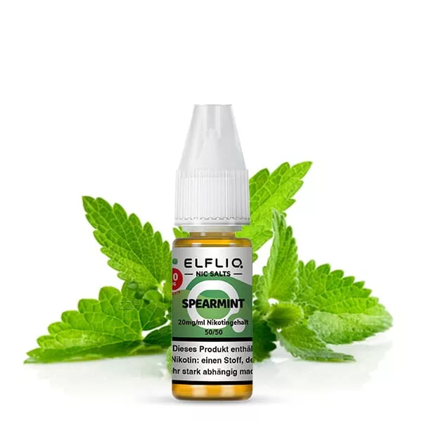 Elfliq Spearmint Nikotinsalz-Liquid 10ml – Flasche mit grünem Etikett und frischen Minzblättern