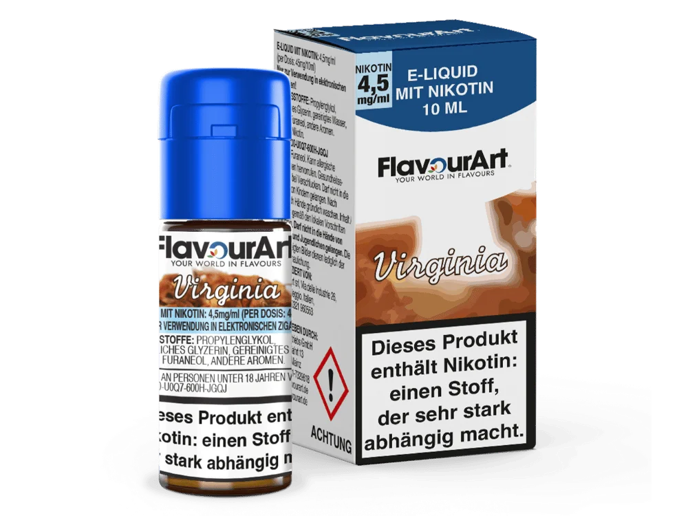 Flavourart Virginia 10ml E-Liquid Flasche und blaue Box, 4,5 mg Nikotin