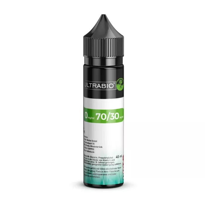 ultrabio-base-70vg-30pg-40-ml-in-60-ml-chubby-mit-banderole-2.jpg UltraBio Basis-Flüssigkeit 70/30 40ml in 60ml-Flasche – grüne Squeezeflasche mit weißem UltraBio-Logo und 70/30-Aufdruck