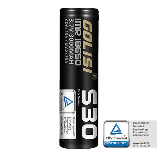 Golisi S30 18650 Akku 35A 3000mAh – schwarze Zelle mit TÜV-Rheinland-Zertifizierung, Frontansicht