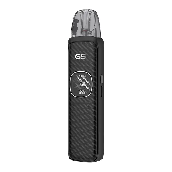 Uwell Caliburn G5 Pod Kit in Schwarz mit Carbon-Textur und rundem Display, seitliche Ansicht