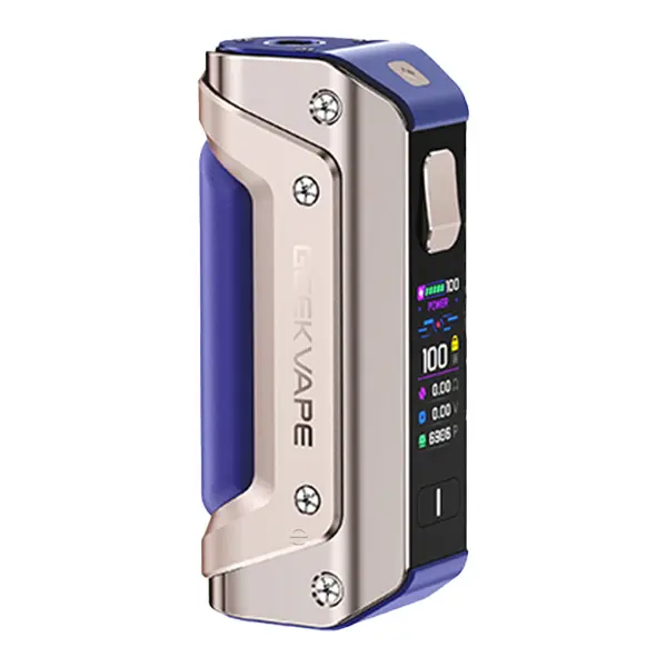 GeekVape Aegis Solo 3 Mod Akkuträger in Silber-Blau mit OLED-Display, Frontansicht, 18650 Version