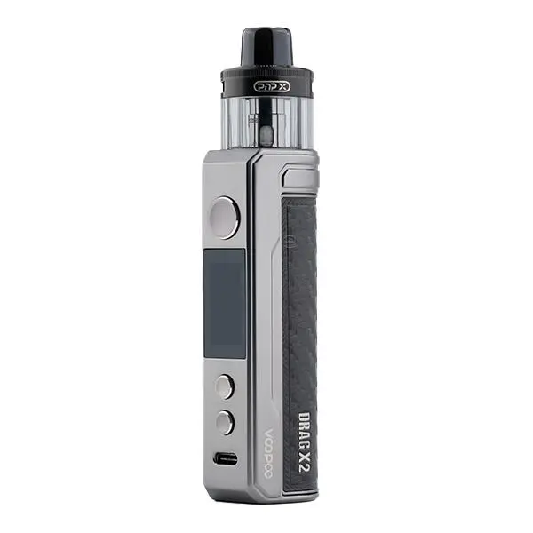 VooPoo Drag X2 Pod Kit E-Zigarette in Silber mit schwarzem Einsatz, Frontansicht mit Tank