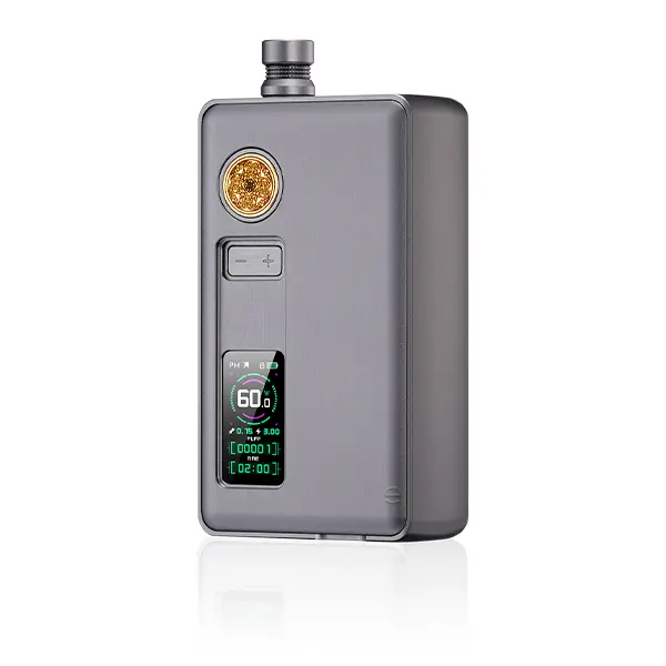 DotMod dotAIO V3 Kit in Grau-Gunmetal, Frontansicht mit farbigem Display und goldenem Logo