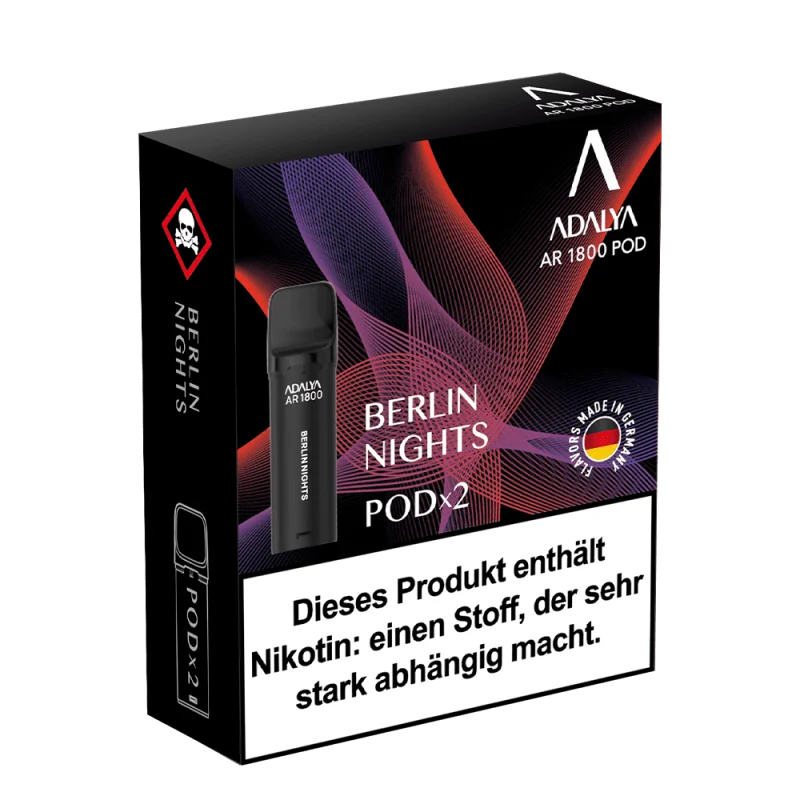 Adalya AR1800 Prefilled Pod Berlin Nights – dunkle Verpackung mit 2 Pods, violett-blaue Akzente