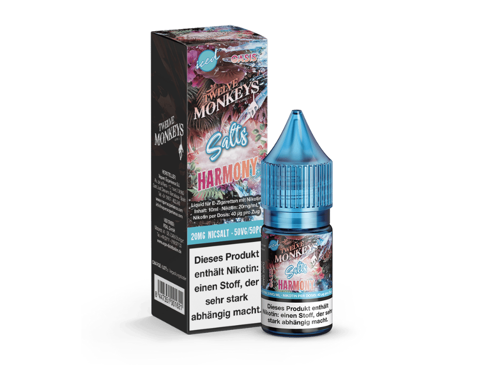 Twelve Monkeys Iced Harmony 10ml Nikotinsalz-Liquid in blau-pinker Verpackung mit Flasche, Frontansicht