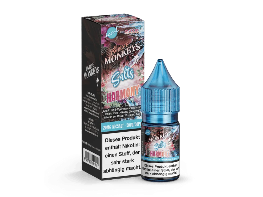 Twelve-Monkeys-NicSalt-20mg-Harmony_V2_1000x750.png Twelve Monkeys Iced Harmony 10ml Nikotinsalz-Liquid in blau-pinker Verpackung mit Flasche, Frontansicht