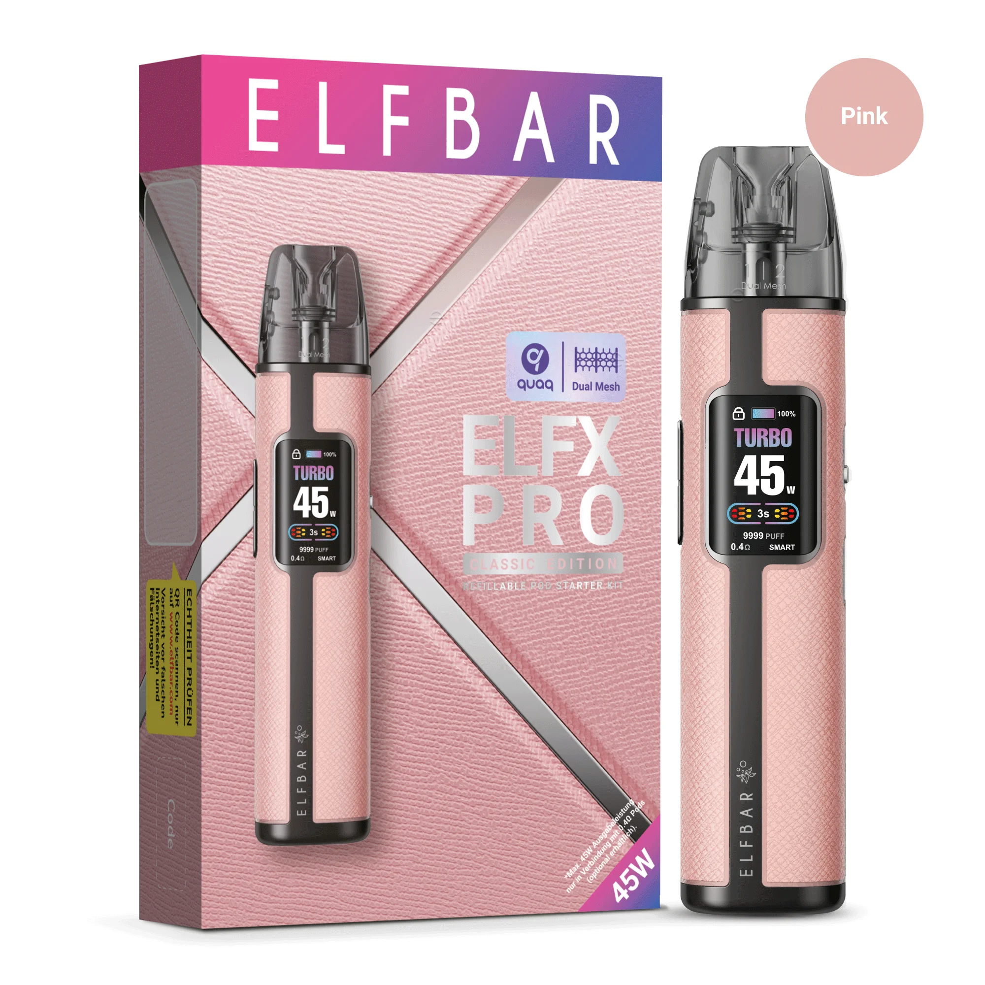 Elfbar ELFX Pro Refillable Kit in Pink – Gerät mit Pod und Verpackung, Frontansicht