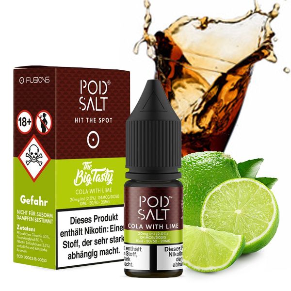 PodSalt Fusion Cola with Lime 10ml Nikotinsalz-Liquid Flasche mit Limetten und Cola im Hintergrund