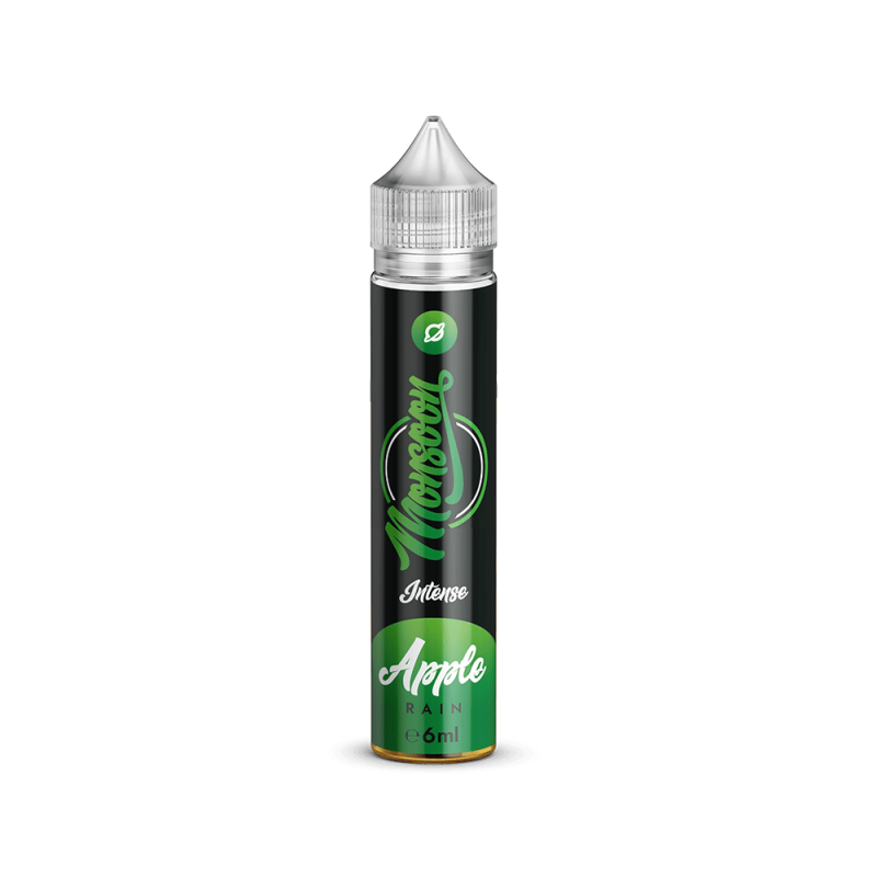 Monsoon Apple Rain Longfill in schwarzer 20-ml-Flasche mit grünem Etikett und transparentem Unicorn-Bottle-Aufsatz