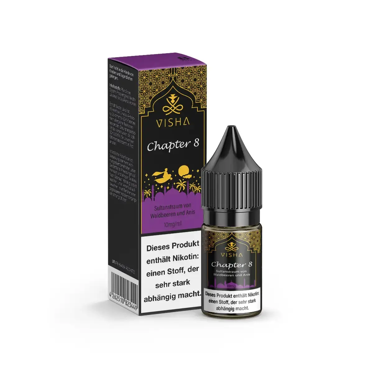 Visha Chapter 8 Nikotinsalz-Liquid 10ml – Flasche mit lila-goldener Verpackung, stehend neben der Box