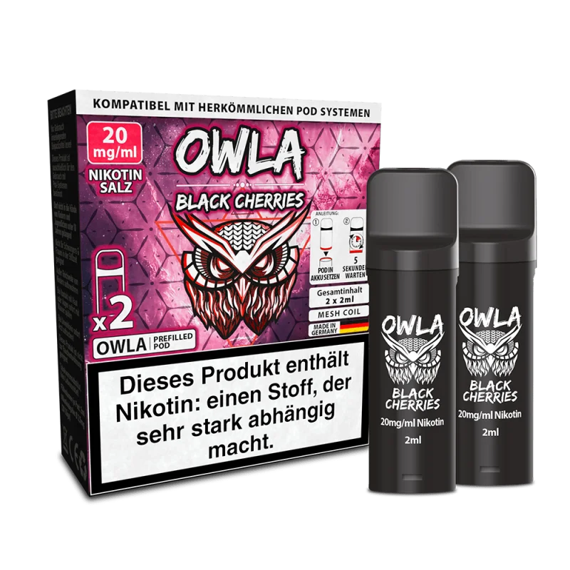 OWLA203_800x800.png?ts=1770994854 Owla Black Cherries Prefilled Pod 2er-Pack, pink-schwarze Verpackung mit 20 mg Nikotinsalz, zwei schwarze Pods seitlich