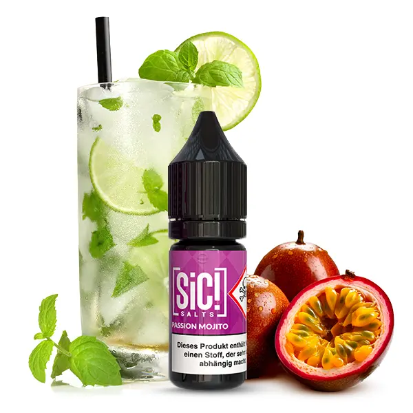 SiC! Salts Passion Mojito 10ml Nikotinsalz-Liquid – Flasche freigestellt mit Maracuja und Mojito-Cocktail