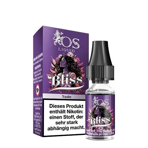 os-liquid-bliss-nikotinsalz-liquid-1.jpg OS Liquid Bliss 10ml Nikotinsalz-Liquid Flasche mit violetter Verpackungsschachtel, Seitenansicht