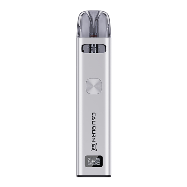 Uwell Caliburn G3 Pod Kit E-Zigarette in Silber, schlanker Akkuträger mit aufgestecktem Pod, Vorderansicht