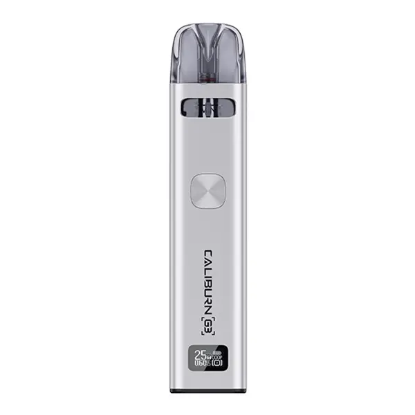 source4378.jpg Uwell Caliburn G3 Pod Kit E-Zigarette in Silber, schlanker Akkuträger mit aufgestecktem Pod, Vorderansicht