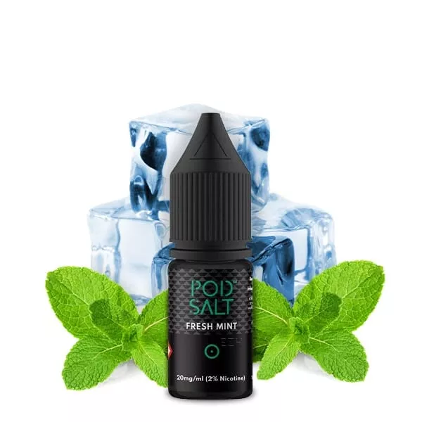 PodSalt Fresh Mint 10ml Nikotinsalz-Liquid, dunkle Flasche mit Eiswürfeln und Minzblättern