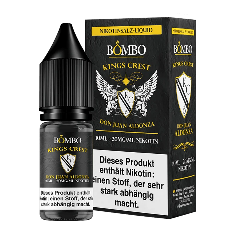 Kings Crest Don Juan Aldonza 10ml Nikotinsalz-Liquid, goldenes Flakon mit schwarzer Schachtel, seitliche Ansicht