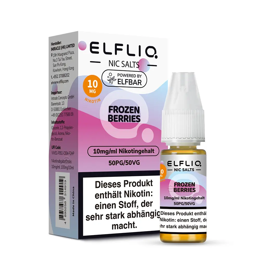 Elfbar Elfliq Frozen Berries 10mg Nikotinsalz-Liquid 10ml Flasche Vorderansicht mit Warnhinweis