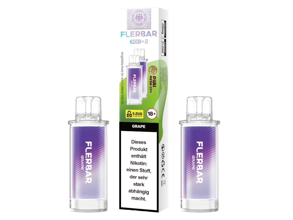 Flerbar Prefilled Pod Grape – 2er-Pack in lila Verpackung mit zwei violett gefärbten Pods