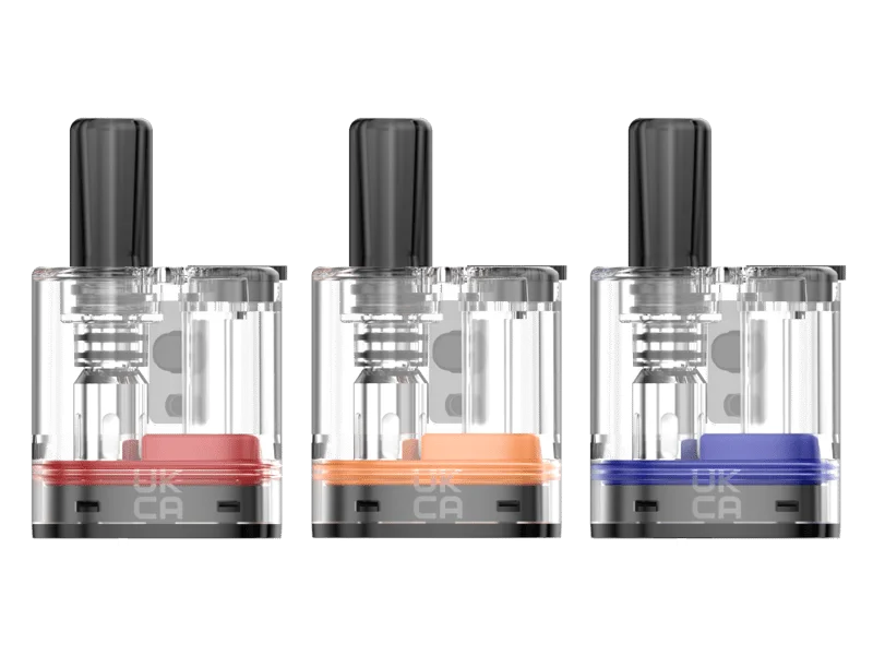 GeekVape S30 Boost Version Ersatz-Pod – 3 transparente Pods in rot, orange und blau nebeneinander