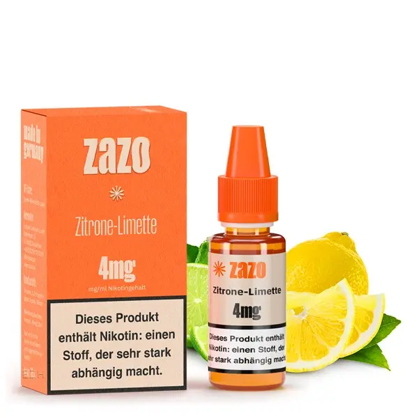 source744051.jpg ZAZO Classics Zitrone-Limette 10ml Liquid 4mg – orangefarbene Verpackung mit Flasche und Zitrusfrüchten