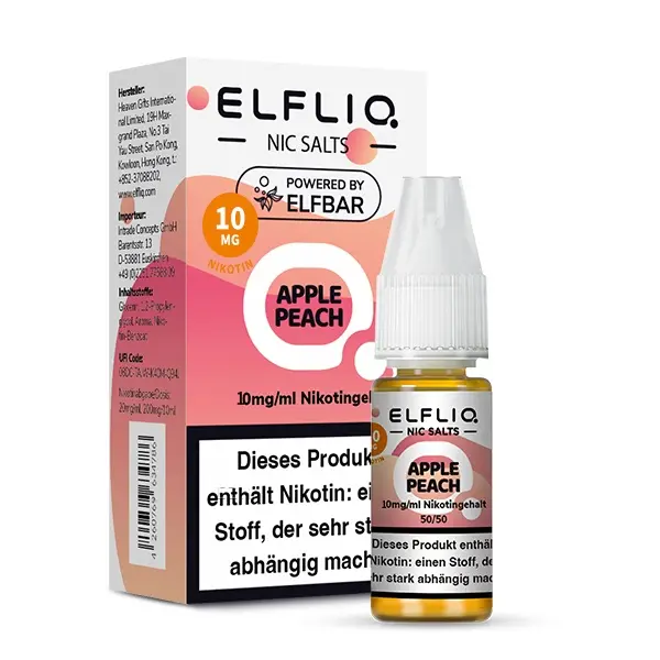 Elfliq Apple Peach 10mg Nikotinsalz-Liquid 10ml – Flasche mit Verpackungsbox, Frontansicht