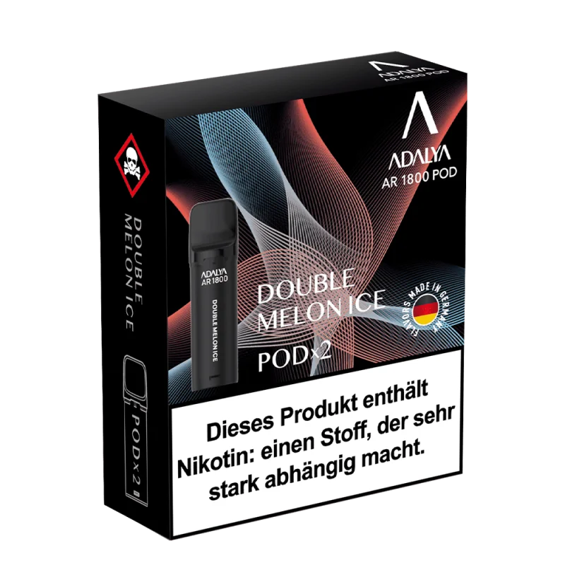 Adalya AR1800 Prefilled Pod Double Melon Ice – dunkle Verpackung mit blau-rotem Design, 2er-Pack