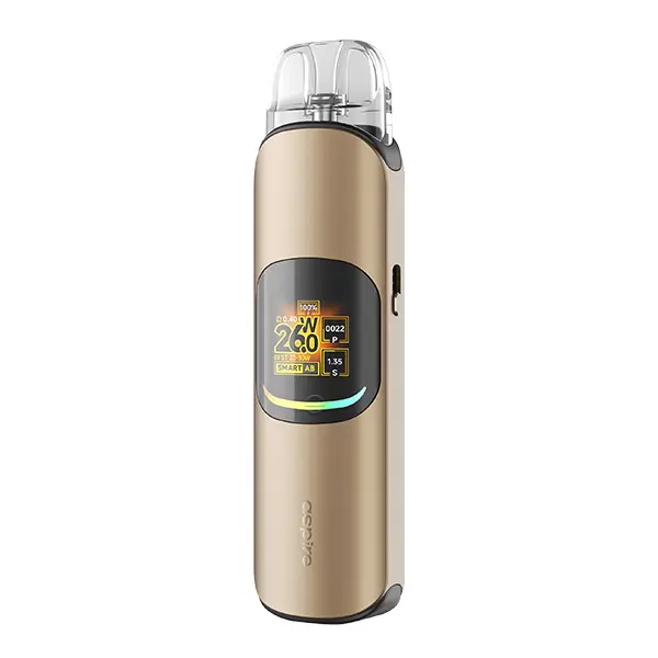 Aspire Pixo Neo Pod Kit in Goldbeige mit rundem Display und farbiger Anzeige, Frontalansicht