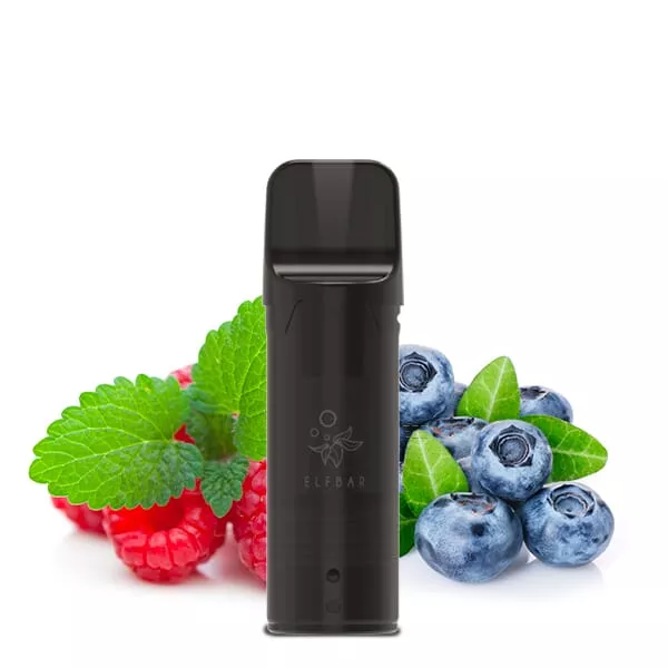 Elfbar Elfa Prefilled Pod Blueberry Sour Raspberry, schwarzer Pod vor Blaubeeren und Himbeeren