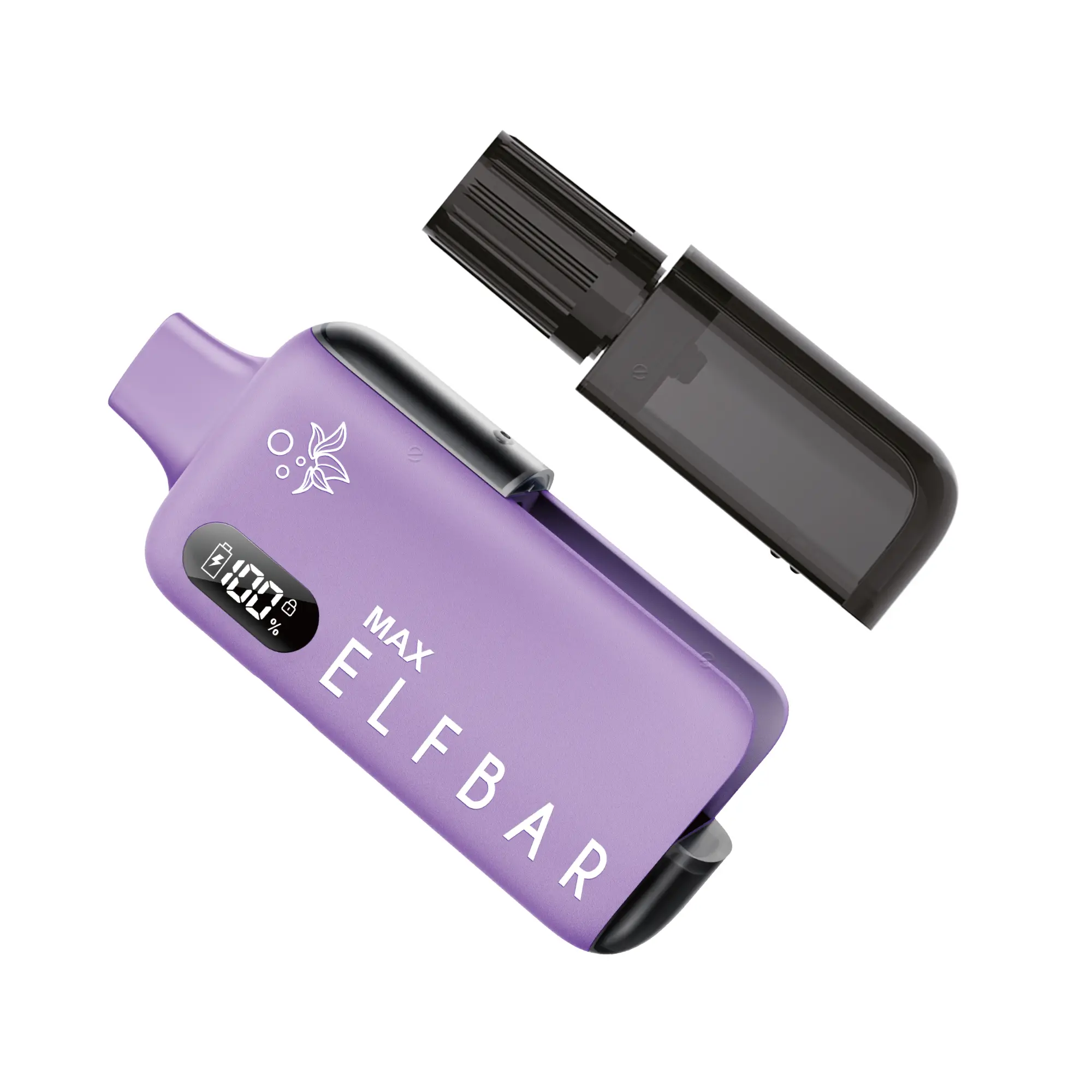 Elfbar Max Kit in Lila mit herausgezogenem Pod und LED-Display, Komplett-Set Frontansicht