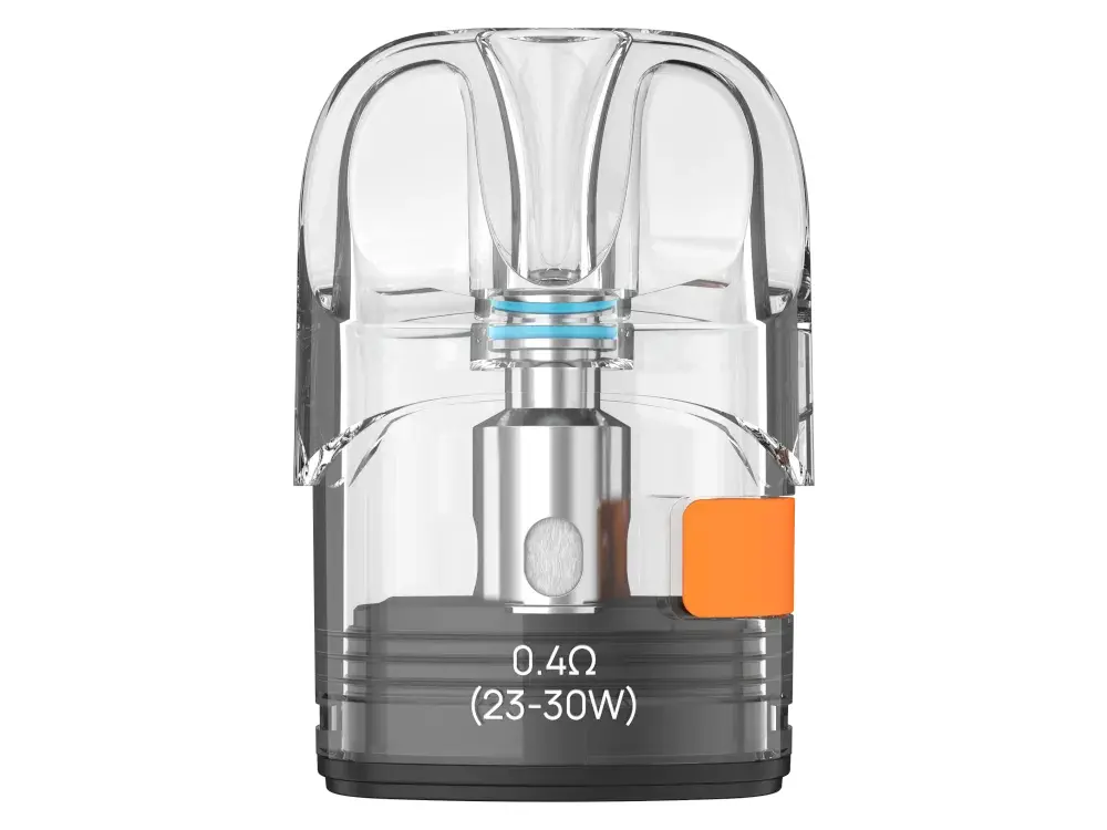 Einzelner transparenter Aspire Pixo Ersatz-Pod mit orangem Akzent und Aufschrift 0,4 Ohm 25–30W