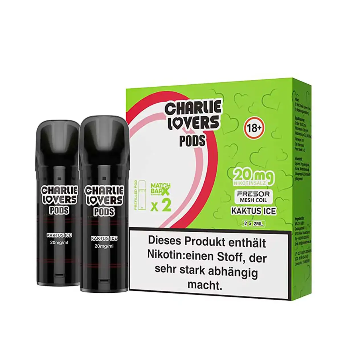 Zwei Charlie Lovers Prefilled Pods Kaktus Ice 20mg mit grün-weißer Verpackung, Frontansicht