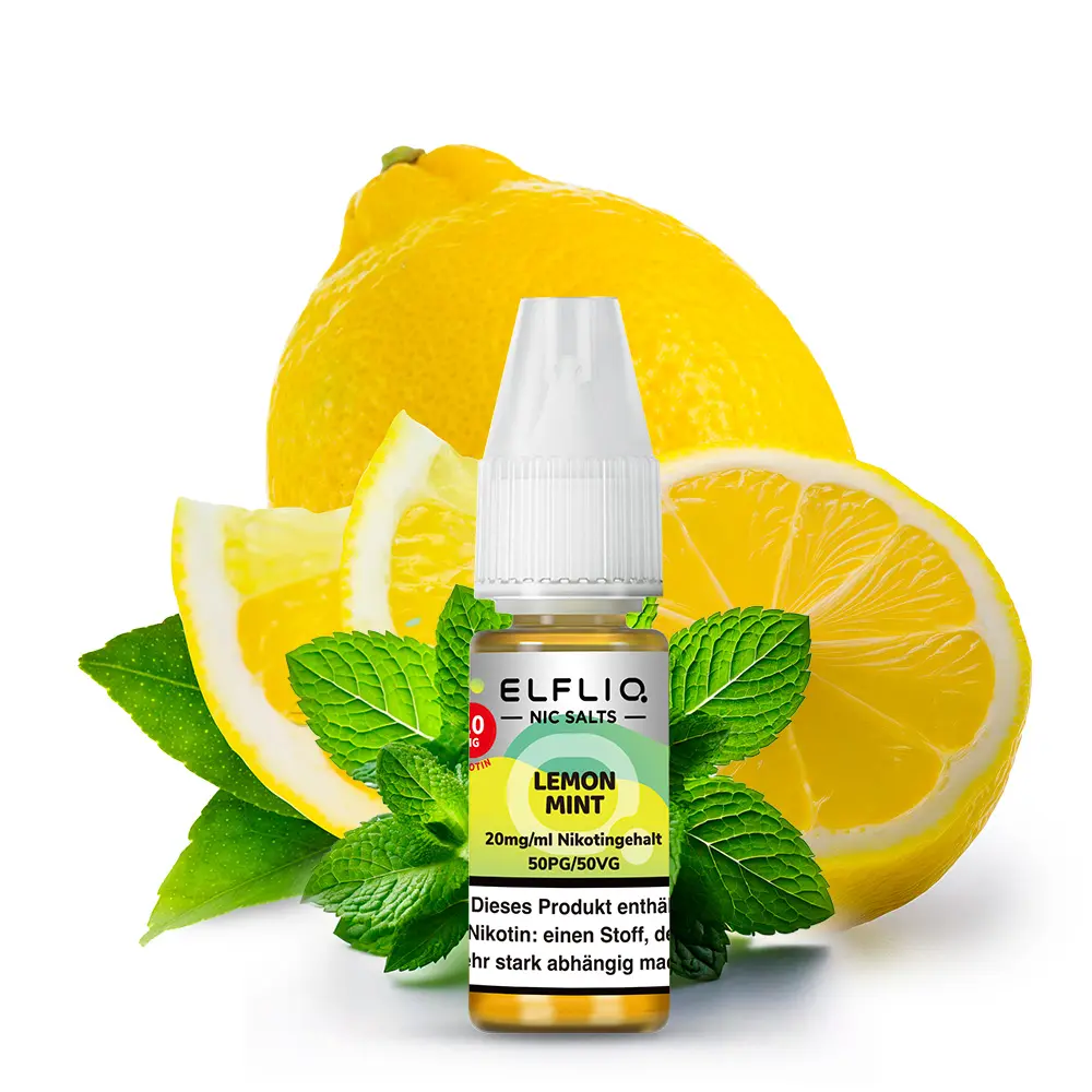 Elfbar Elfliq Lemon Mint 10ml Nikotinsalz-Liquid Flasche mit Zitronen und Minze im Hintergrund