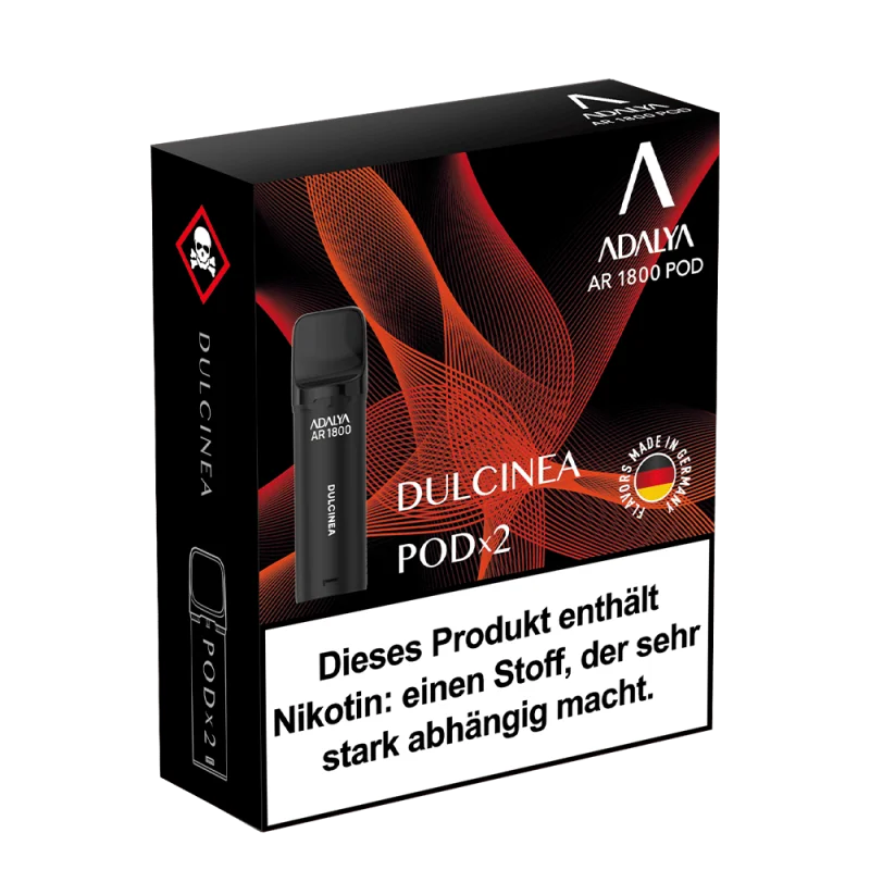 Adalya AR1800 Prefilled Pod Apple Peach 2er-Pack, dunkelrote Verpackung mit Pod-Abbildung