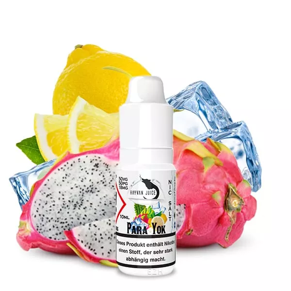 Hayvan Juice Para Yok Nikotinsalz-Liquid 10ml – weiße Flasche mit Drachenfrucht, Zitrone und Eiswürfeln