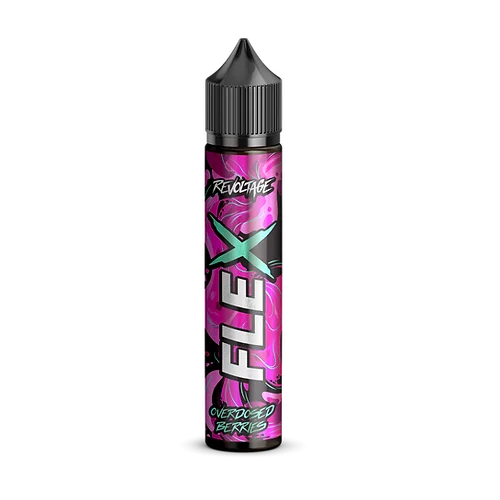 Revoltage Flex Berries Overdosed Longfill, 60ml Flasche in Pink mit dunkler Schrift und Beerenmotiv