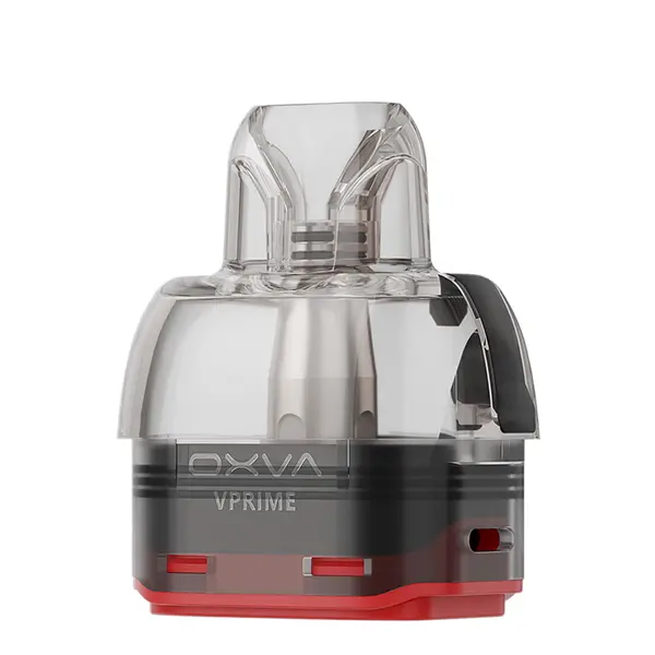 Oxva VPrime Ersatz-Pod mit eingesetztem Verdampferkopf, transparentes Gehäuse und roter Sockel