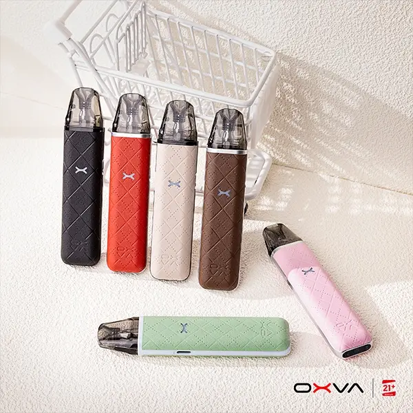 Oxva Xlim Go Pod Kit – sechs Farbvarianten stehend: Schwarz, Beige, Braun, Rot, Mintgrün, Pink