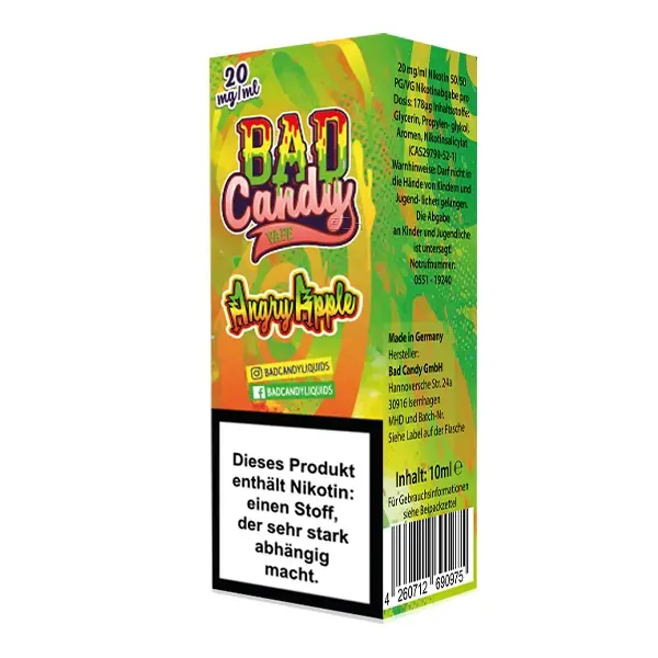 Bad Candy Angry Apple Nikotinsalz-Liquid 10ml, Seitenansicht der Flasche mit grün-orangem Etikett und Nikotinwarnhinweis