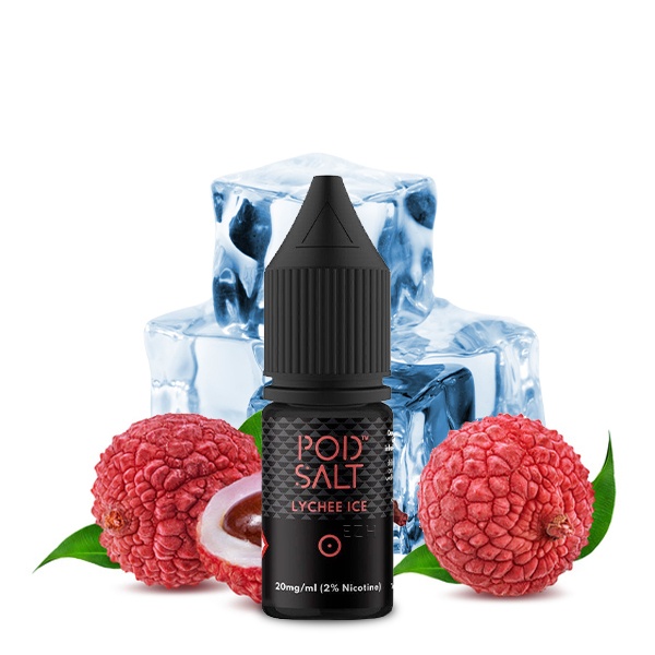 PodSalt Lychee Ice Nikotinsalz-Liquid – schwarze 10ml Flasche mit Lychee- und Eiswürfel-Motiv