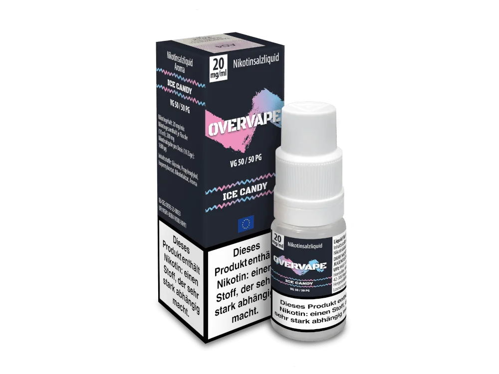 Overvape Ice Candy Nikotinsalz-Liquid 10ml – Schachtel mit pinkem Logo, Vorderansicht