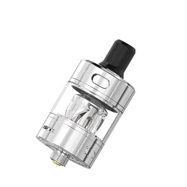 advken-manta-mtl-8gw564v1WkN2Ra.jpg Advken Manta MTL Tank Verdampfer in Silber, Seitenansicht mit sichtbarem Coil und schwarzem Drip Tip