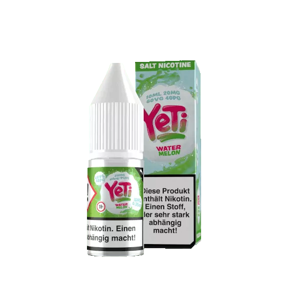 Yeti Watermelon 10ml Nikotinsalz-Liquid, Flasche mit grüner Packung, Seitenansicht