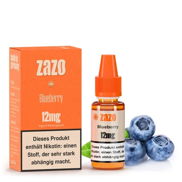 ZAZO Classics Blueberry 12mg Liquid – orangefarbene Faltschachtel und 10ml Flasche mit Blaubeeren, Frontansicht